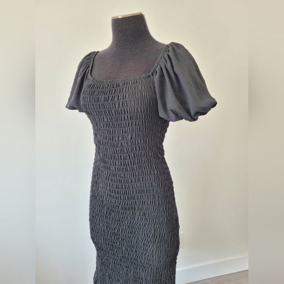 Trixxi Black Smocked Ruched Midi Dress Puff Sleeves Ruffle Vamp Witch Whimsigoth - Picture 3 of 12